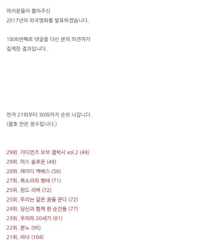 이동진 평론가 블로그 방문자들이 뽑은 2017년의 외국영화 | 인스티즈