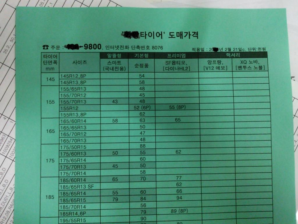 한국타이어 금호타이어 도매가격표 양식 - 타이어 도매경영 노하우.준 - 동그라미타이어